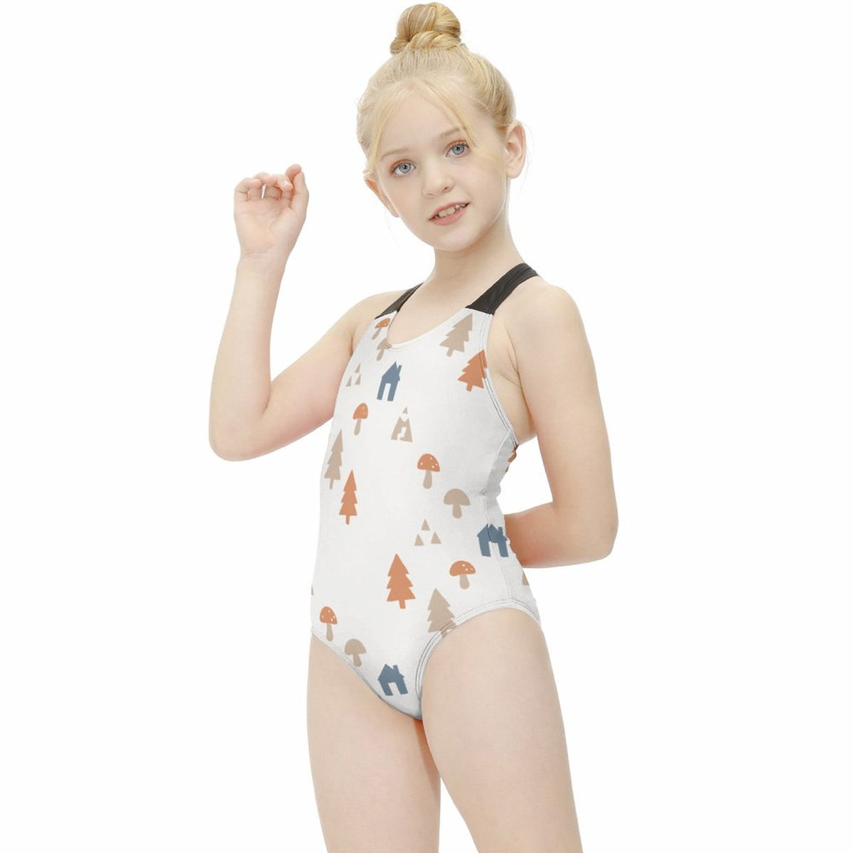 Girls' White Forest Pattern Crossback Swimsuit