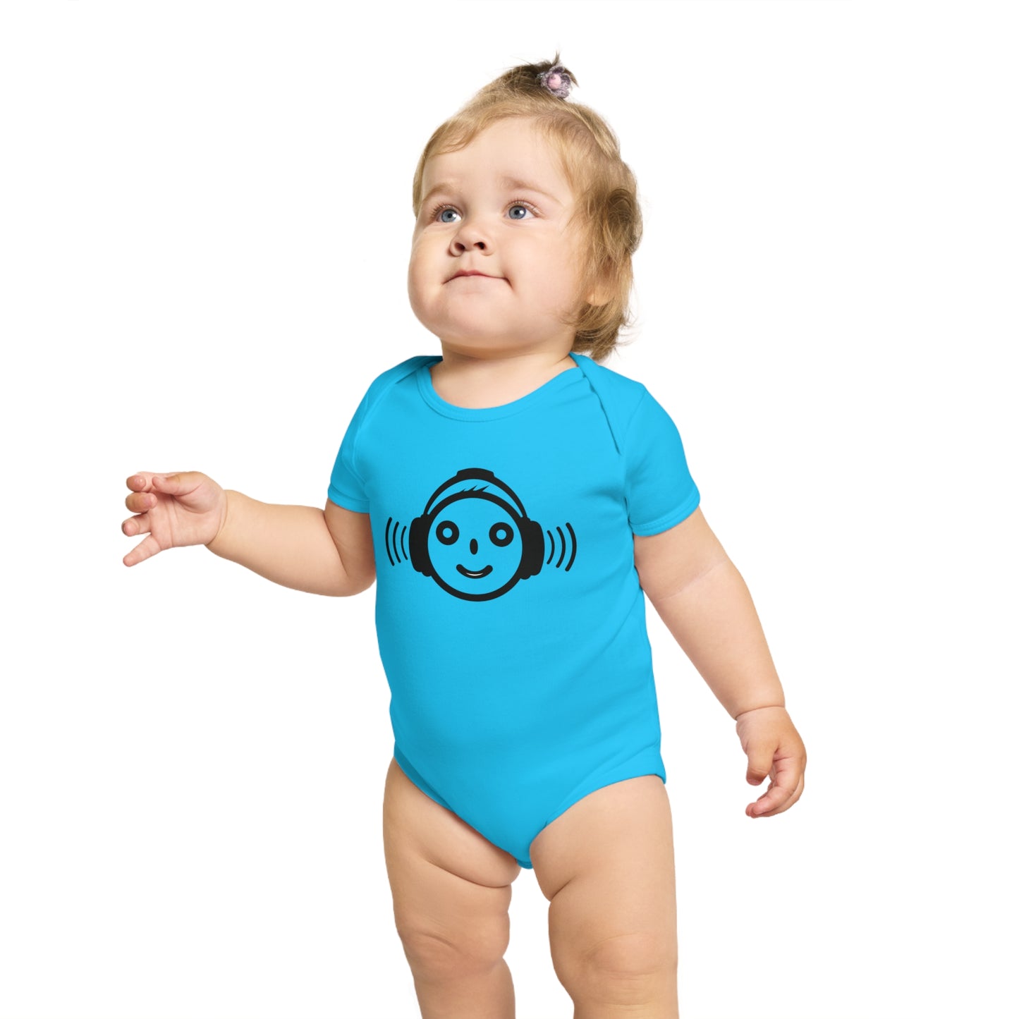 Cute Music-Themed Short Sleeve Baby Bodysuit with Smiley Face