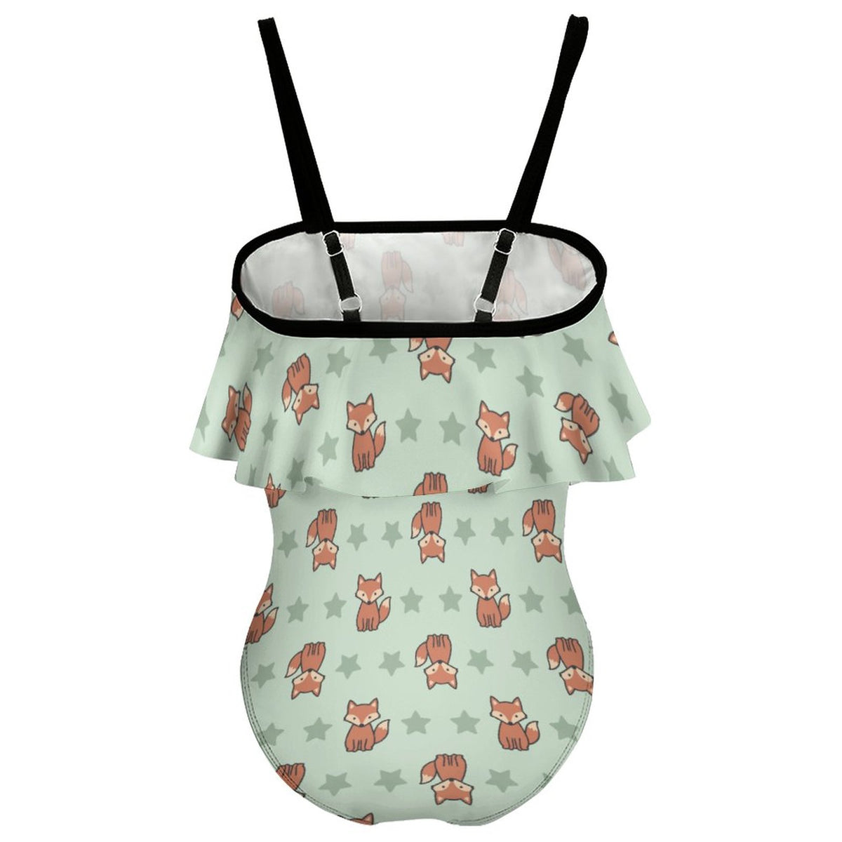 Cute Fox Print Ruffle Off-Shoulder Girls Swimsuit