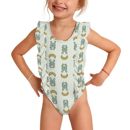 Girls Cute Bunny & Moon Print Flutter Ruffle Swimsuit