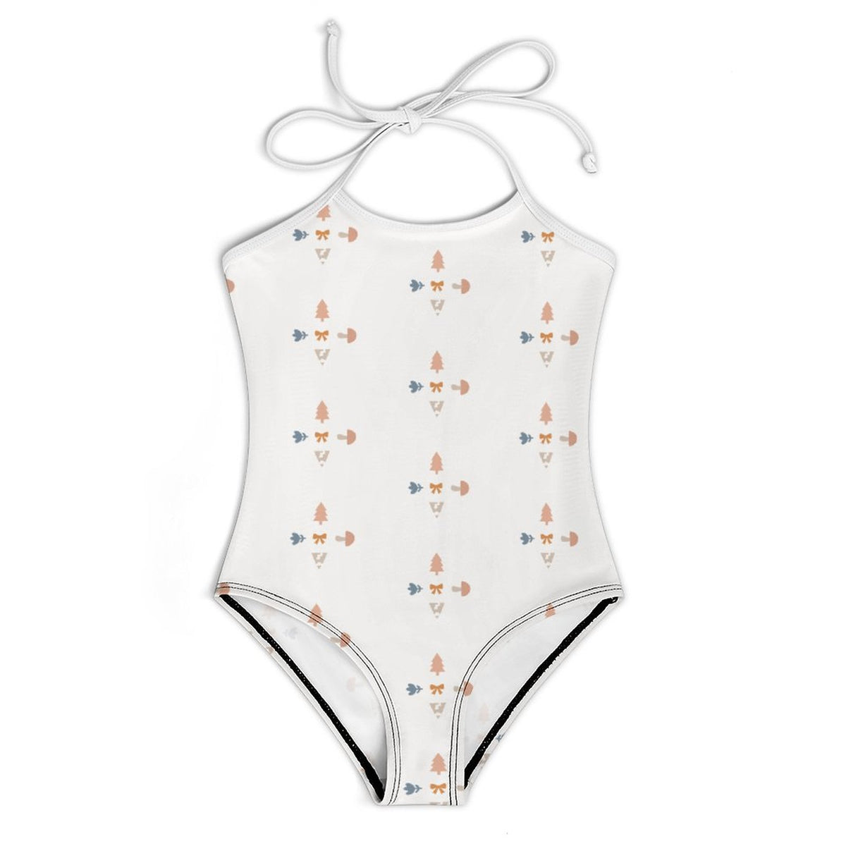 Girls' White Geometric Patterned Tie-Neck Swimwear