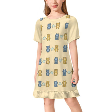 Cute Teddy Bear Girls Short Sleeve Dress | Custom AOP