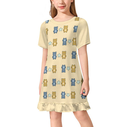 Cute Teddy Bear Girls Short Sleeve Dress | Custom AOP