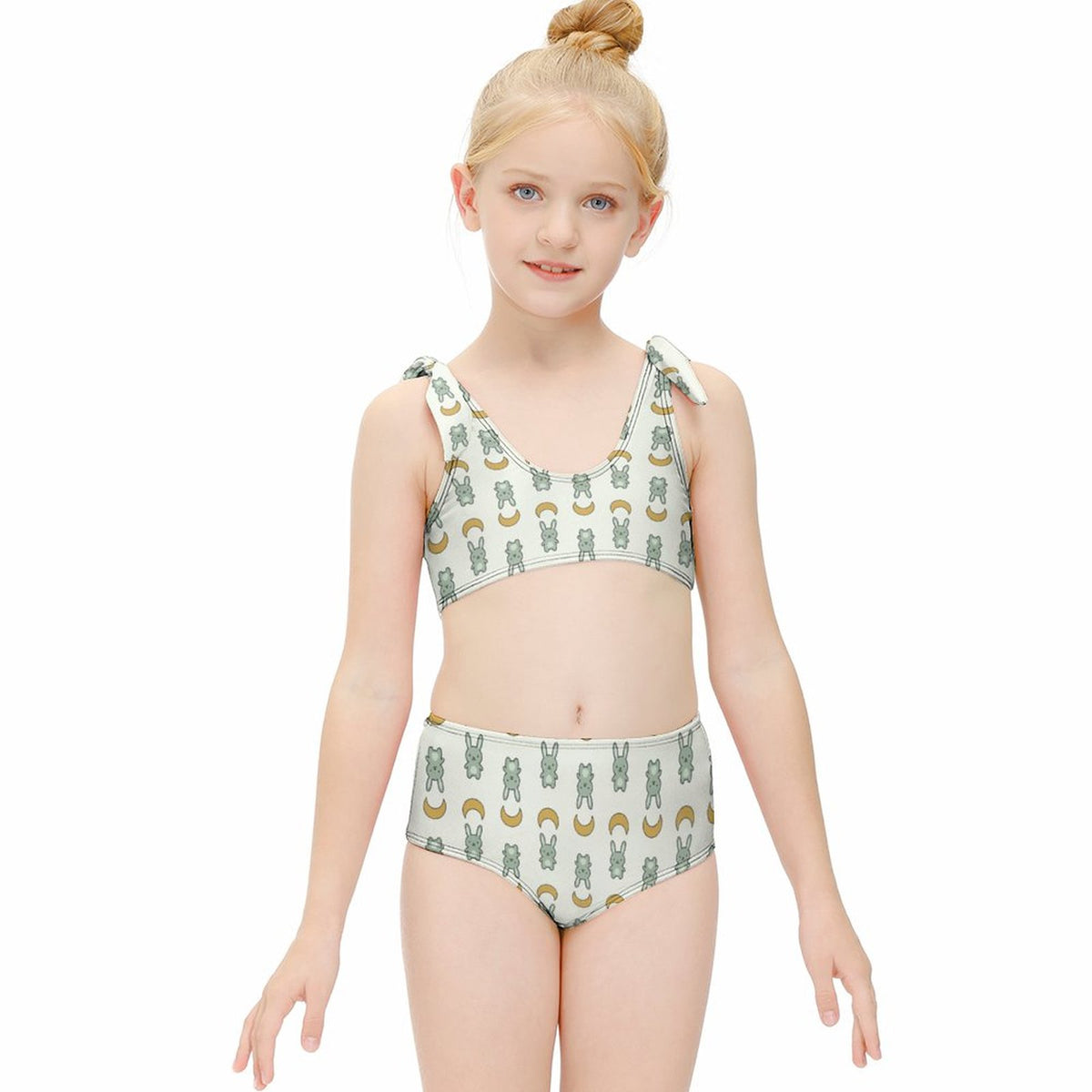 Cute Bunny & Moon Tie Shoulder Girls Bikini Set | AOP