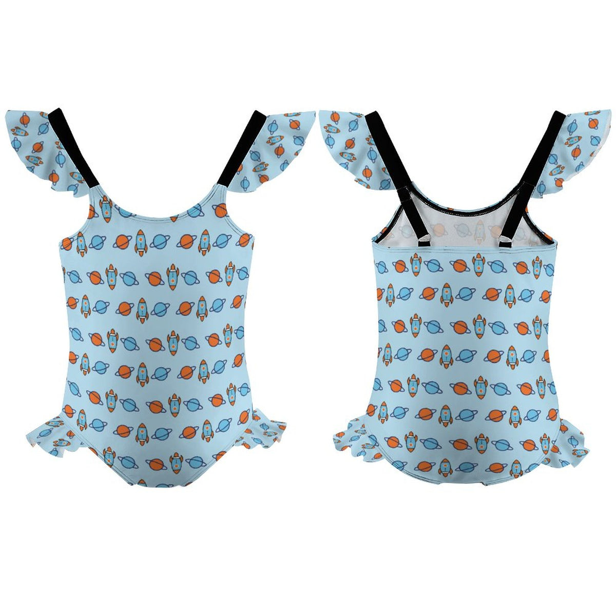 Outer Space Rocket Double Ruffle Girls Swimsuit