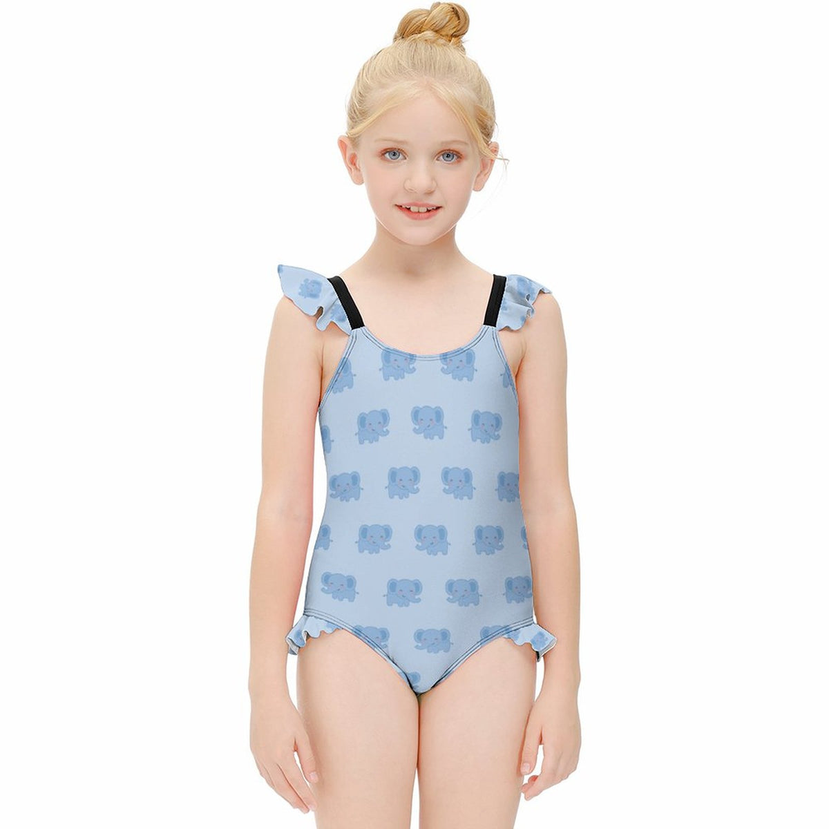 Girls' Light Blue Elephant Flutter Sleeve Swimsuit