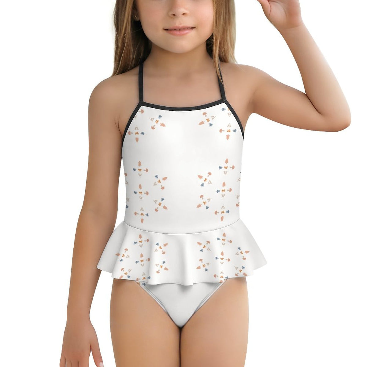 Girls' White Geometric Motif Peplum Swimsuit