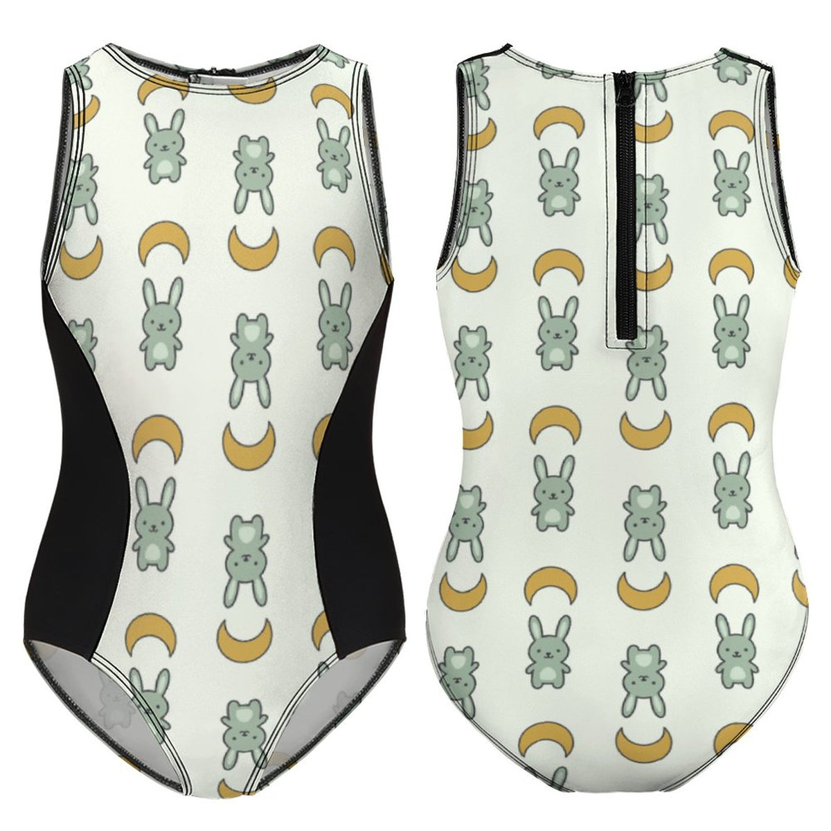 Cute Bunny & Moon Zip Back One-Piece Girls Swimsuit