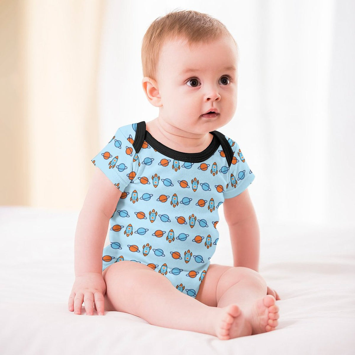 Outer Space Rocket Short Sleeve Baby Romper | 220gsm