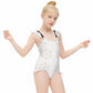 Girls' White Geometric Ruffle Trim Bathing Suit