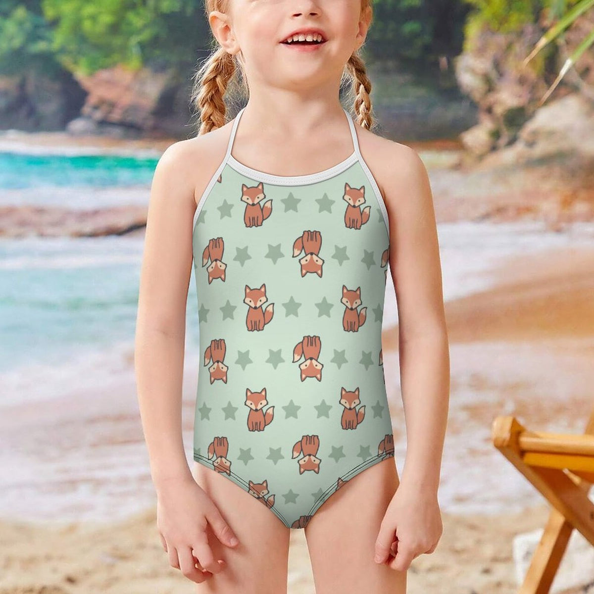 Cute Fox Print Spaghetti Strap Girls Swimsuit | AOP