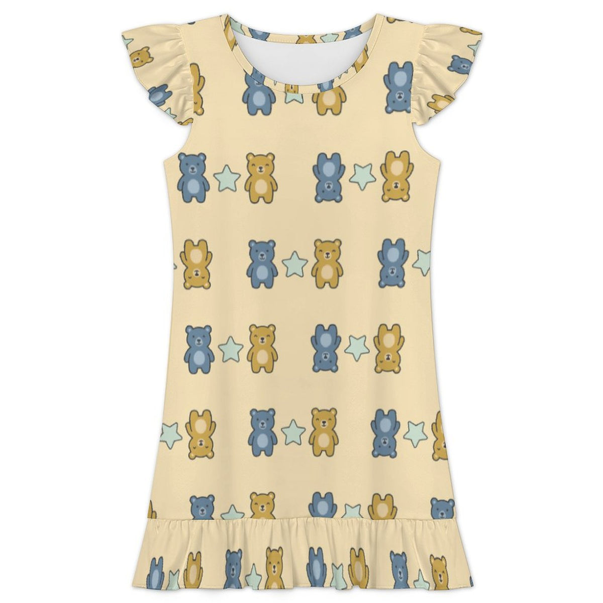 Girls Cute Bear Print Ruffle Sleeve Nightgown