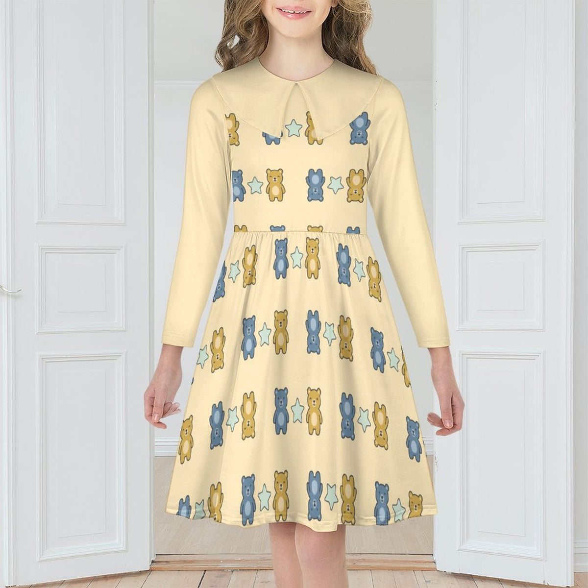 Cute Teddy Bear Girls Long Sleeve Dress | Peter Pan Collar