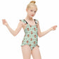 Cute Fox Print Girls One-Piece Swimsuit | Ruffle Trim