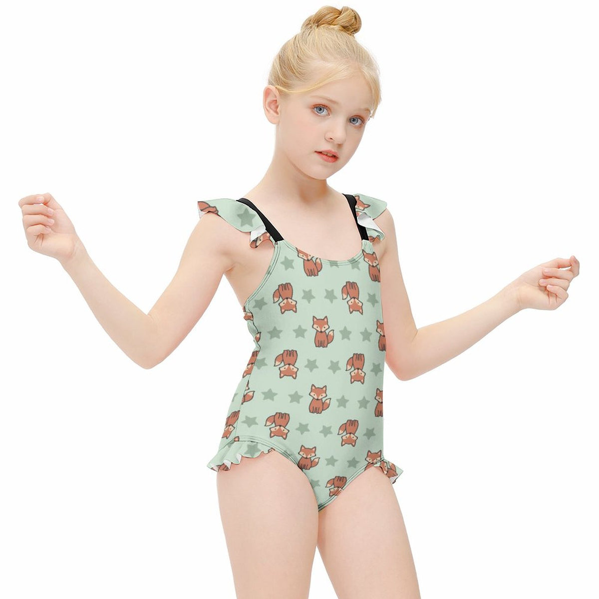 Cute Fox Print Girls One-Piece Swimsuit | Ruffle Trim