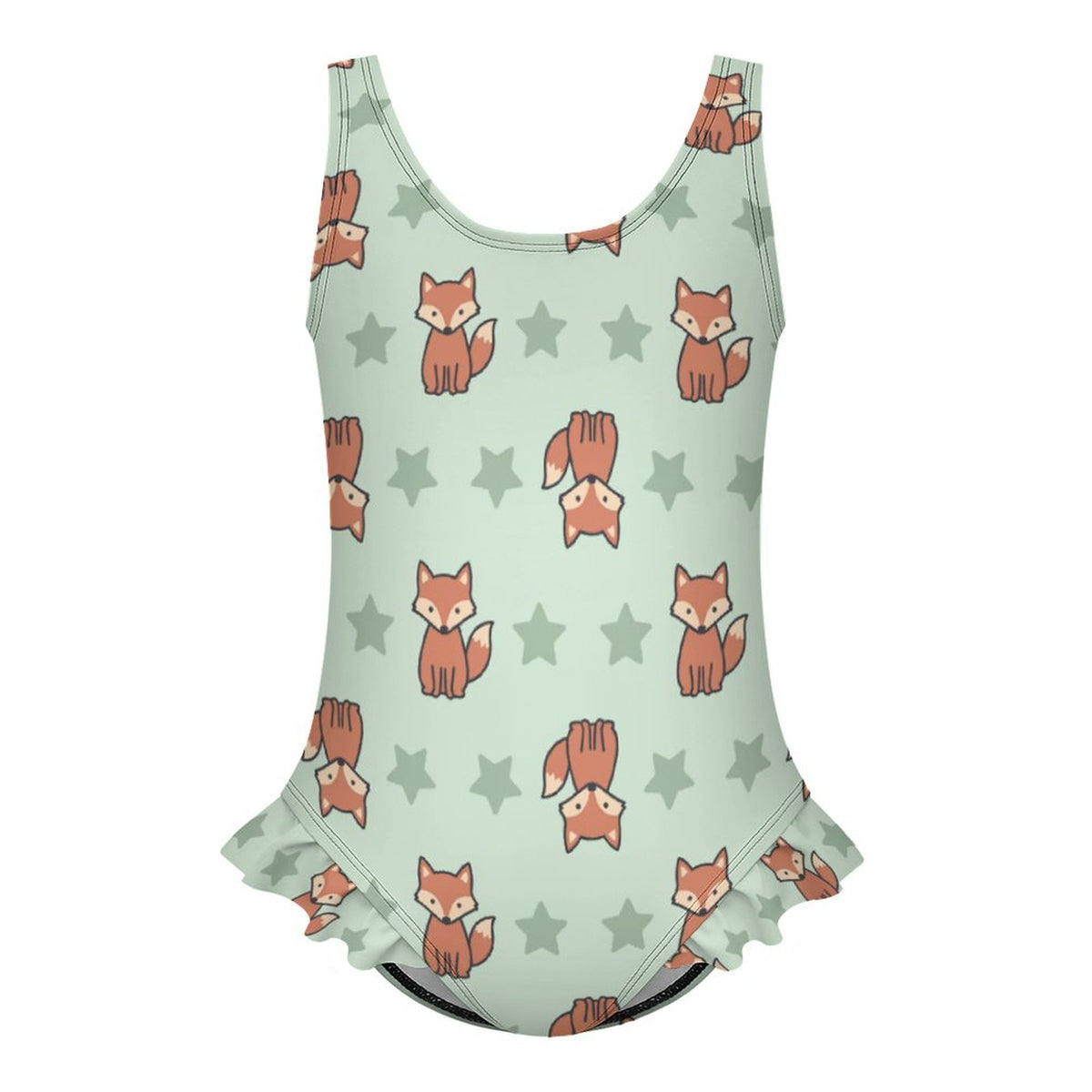 Girls Cute Fox Print Ruffled One-Piece Swimsuit
