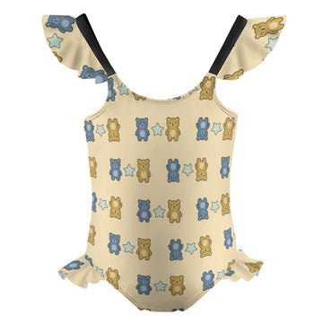 Cute Teddy Bear Girls One-Piece Swimsuit | Ruffle Trim