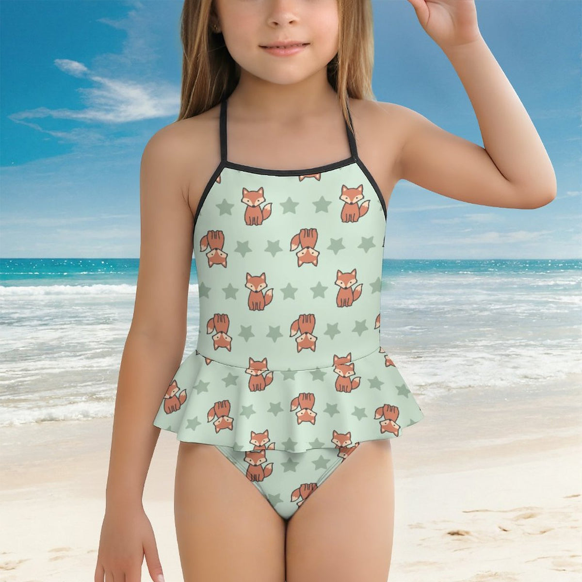 Girls Cute Fox Print Cami Ruffle One-Piece Swimsuit