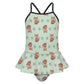 Girls Cute Fox Print Cami Ruffle One-Piece Swimsuit