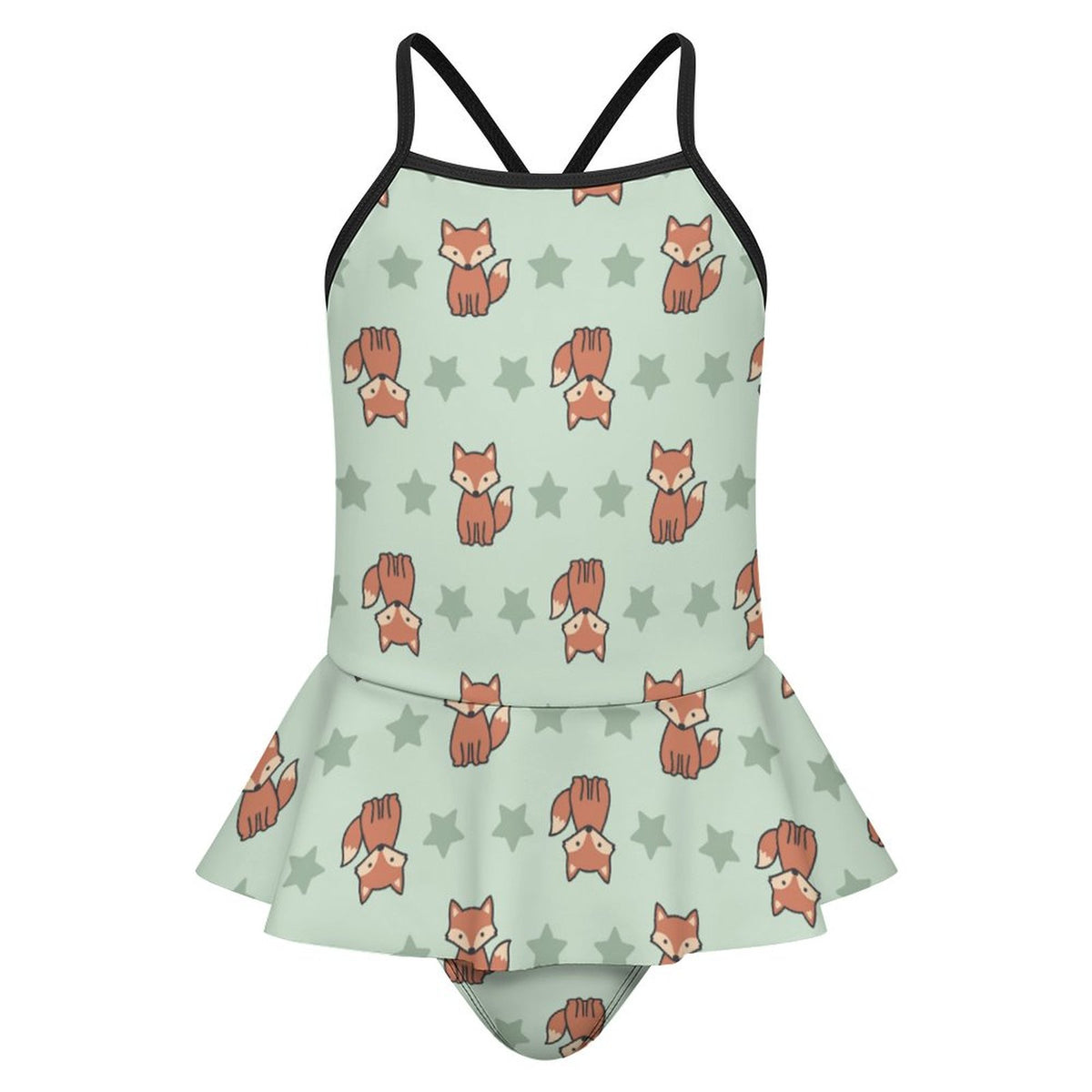 Girls Cute Fox Print Cami Ruffle One-Piece Swimsuit