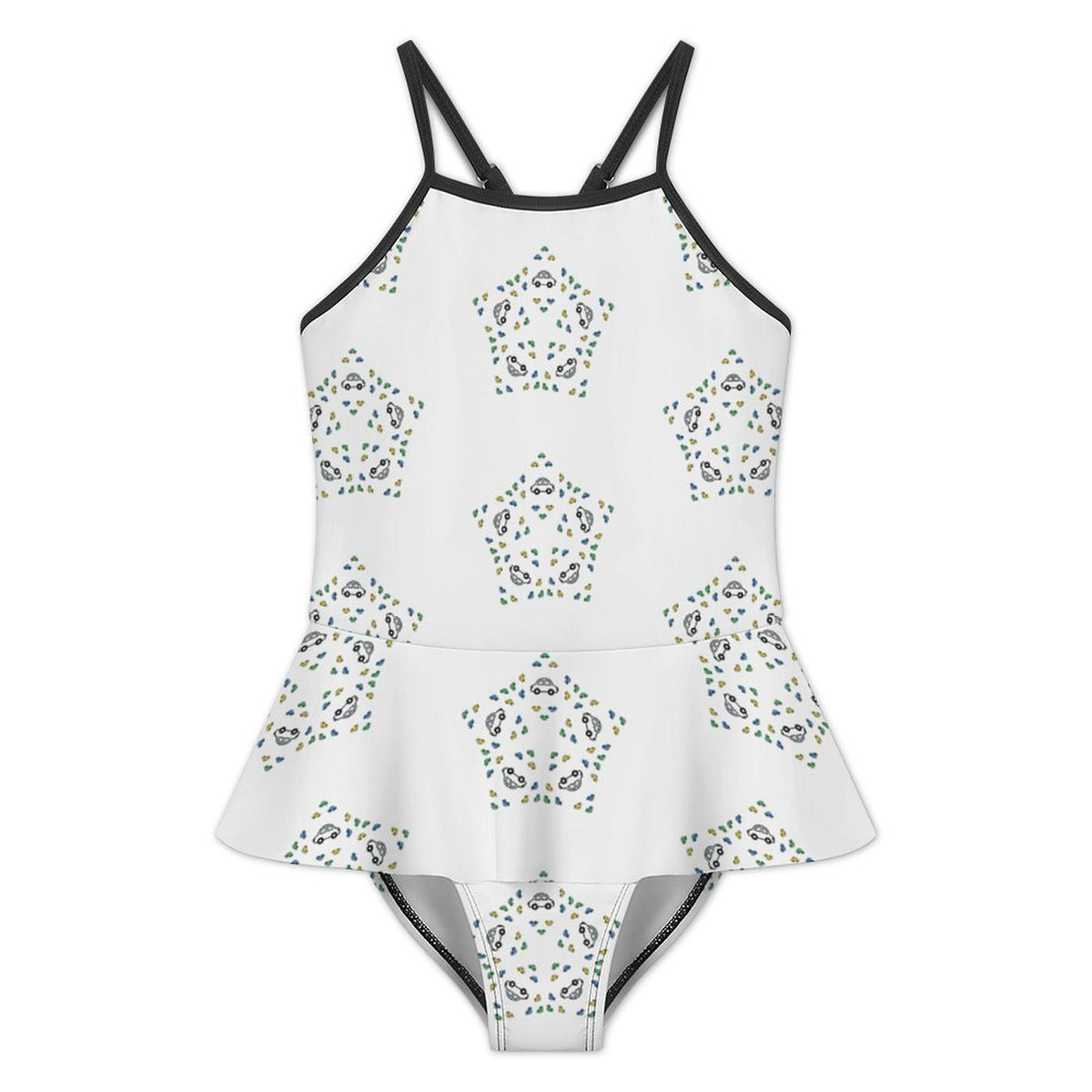 Girls' White Star Print Cami Swimsuit with Ruffle