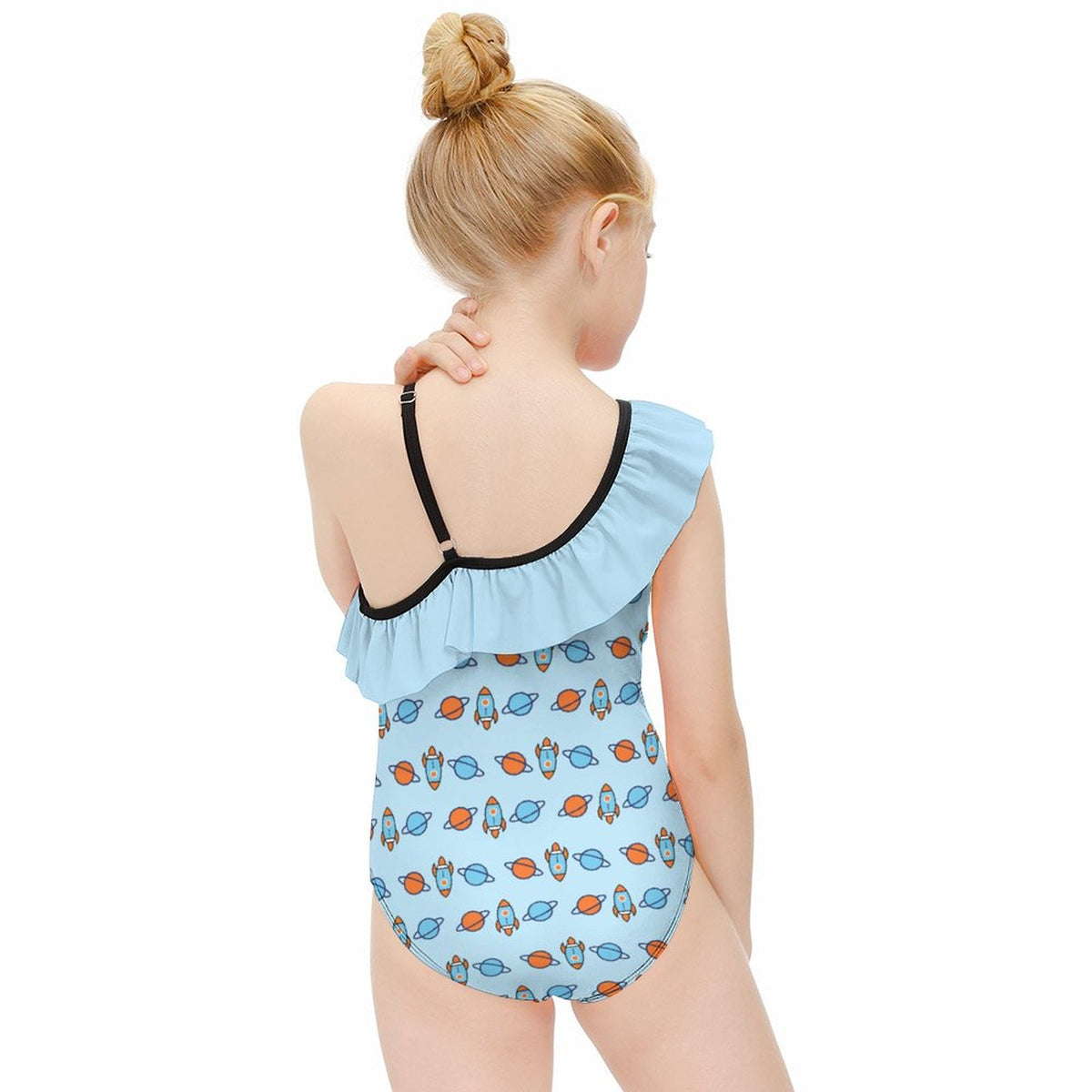 Outer Space Rocket Asymmetric Ruffle Girls Swimsuit