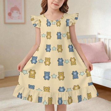 Girls Cute Bear Print Ruffle Sleeve Nightgown