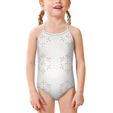 Girls' White Geometric Motif Strap Bathing Suit