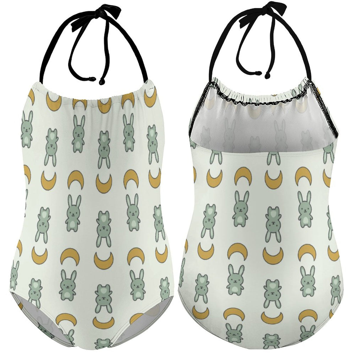 Cute Bunny & Moon Halter One-Piece Girls Swimsuit