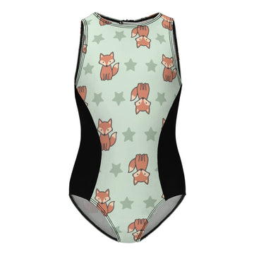 Cute Fox Print Zip Front Girls Swimsuit | Color Block
