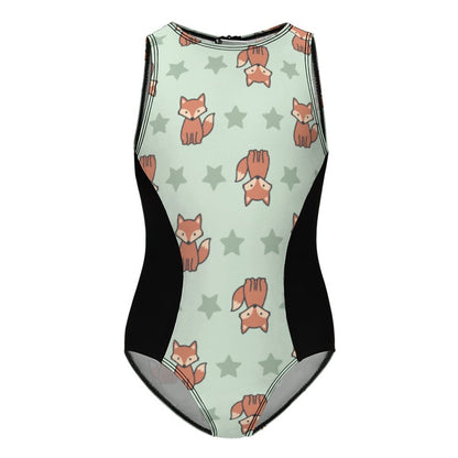 Cute Fox Print Zip Front Girls Swimsuit | Color Block