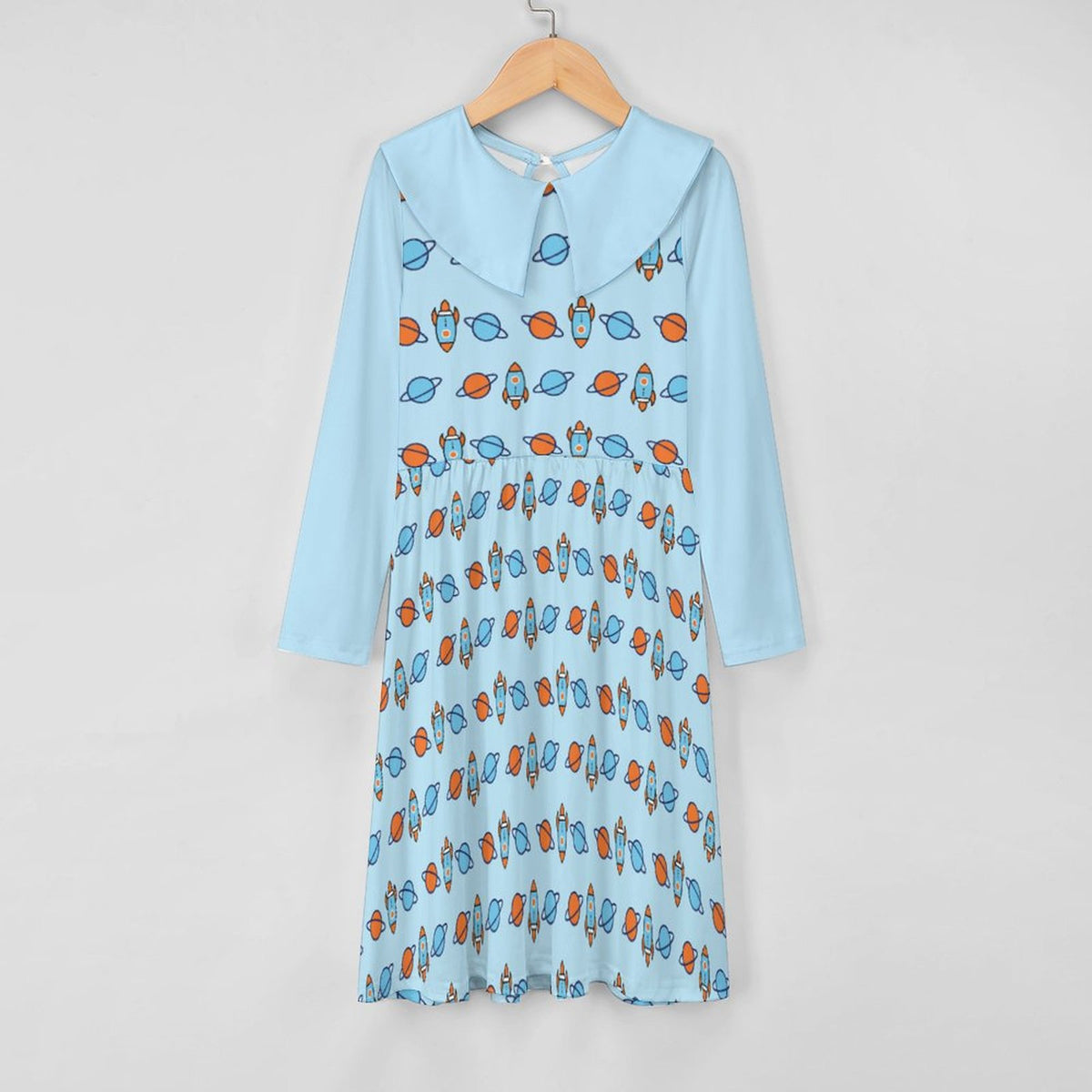 Space Rocket Collar Long Sleeve Girls Dress | AOP