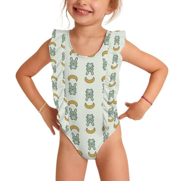 Girls Cute Bunny & Moon Print Flutter Ruffle Swimsuit