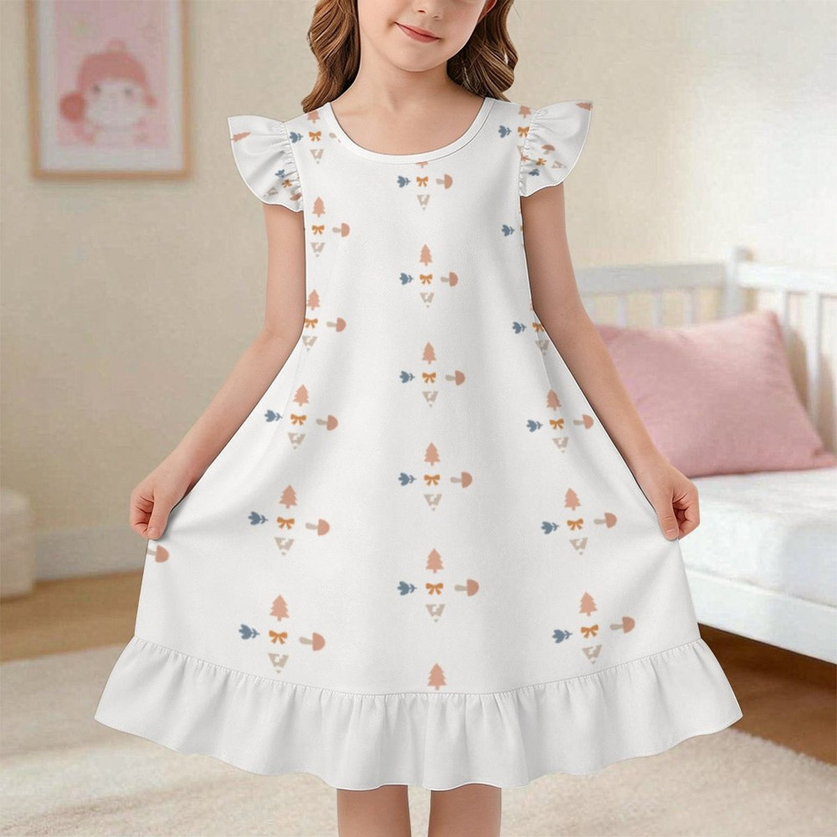 Girls' White Patterned Short Sleeve Sleepwear Dress