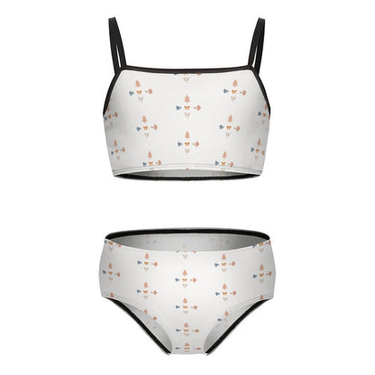 Girls' White Geometric Patterned Two-Piece Swimwear