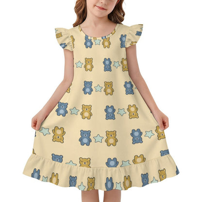 Girls Cute Bear Print Ruffle Sleeve Nightgown