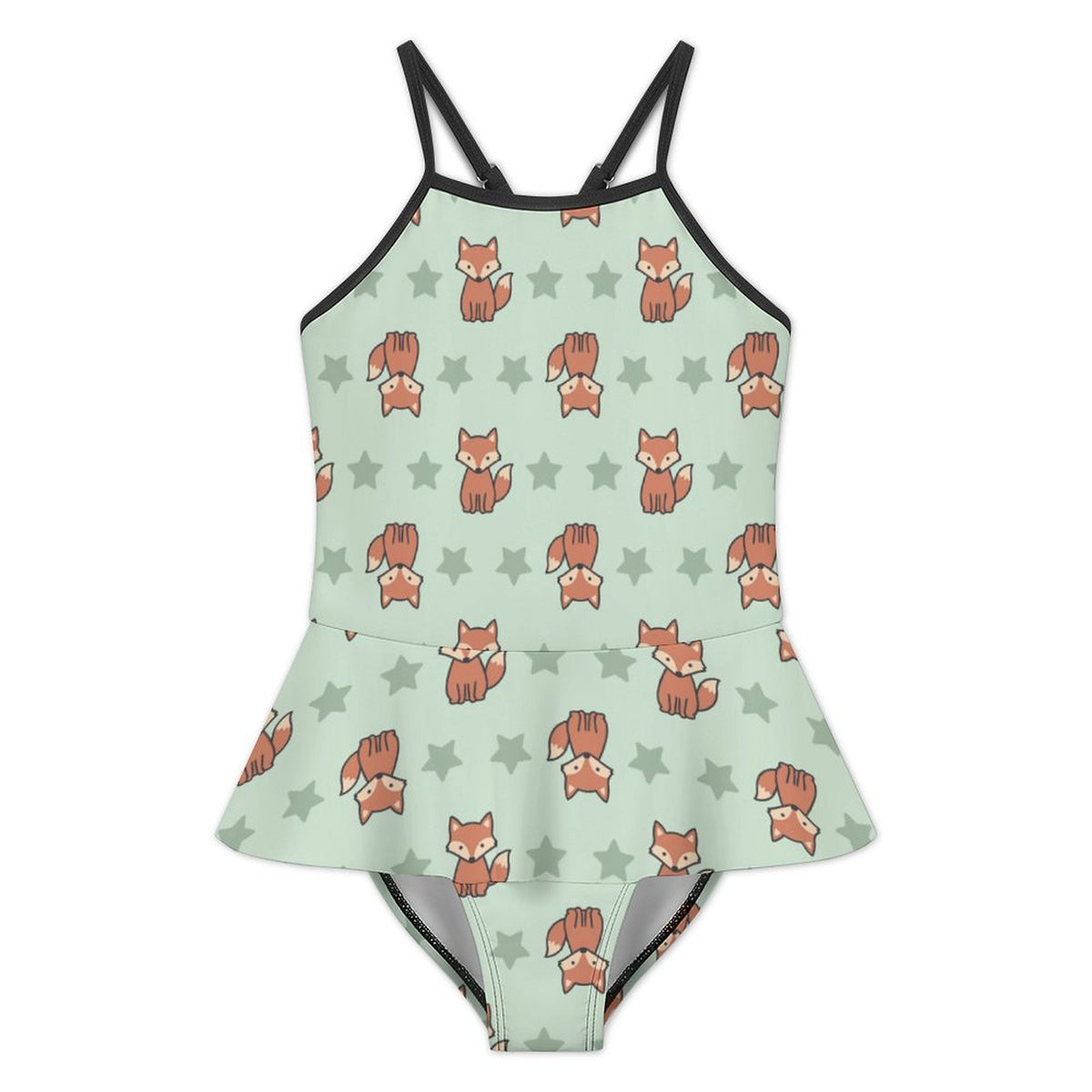 Girls Cute Fox Print Cami Ruffle One-Piece Swimsuit