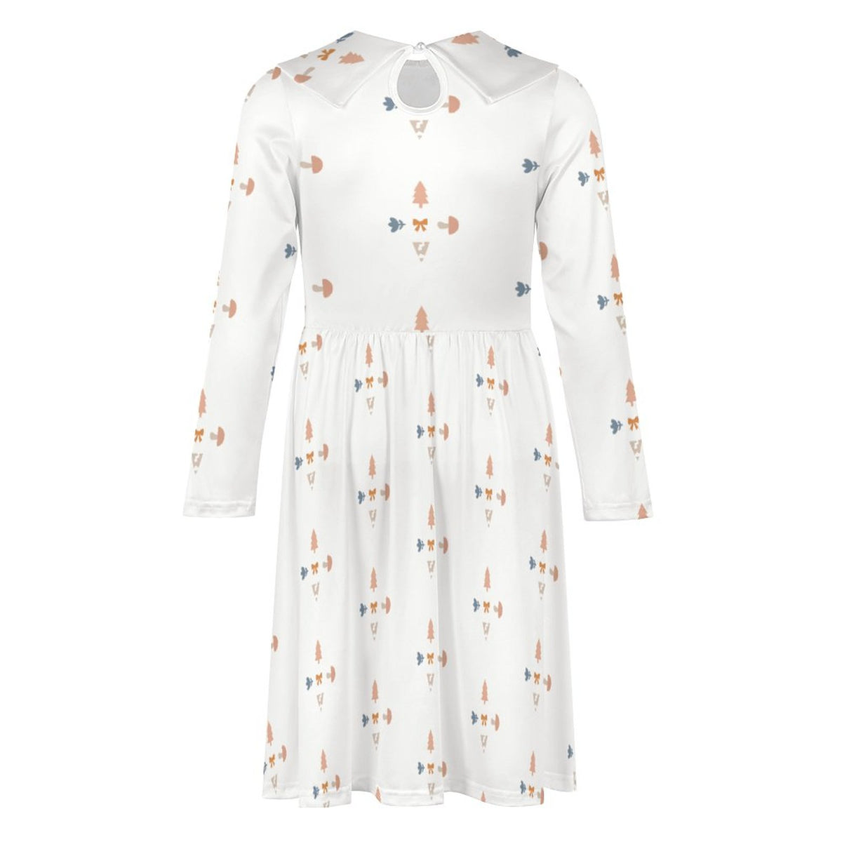 Girls' White Geometric Long Sleeve Flared Dress