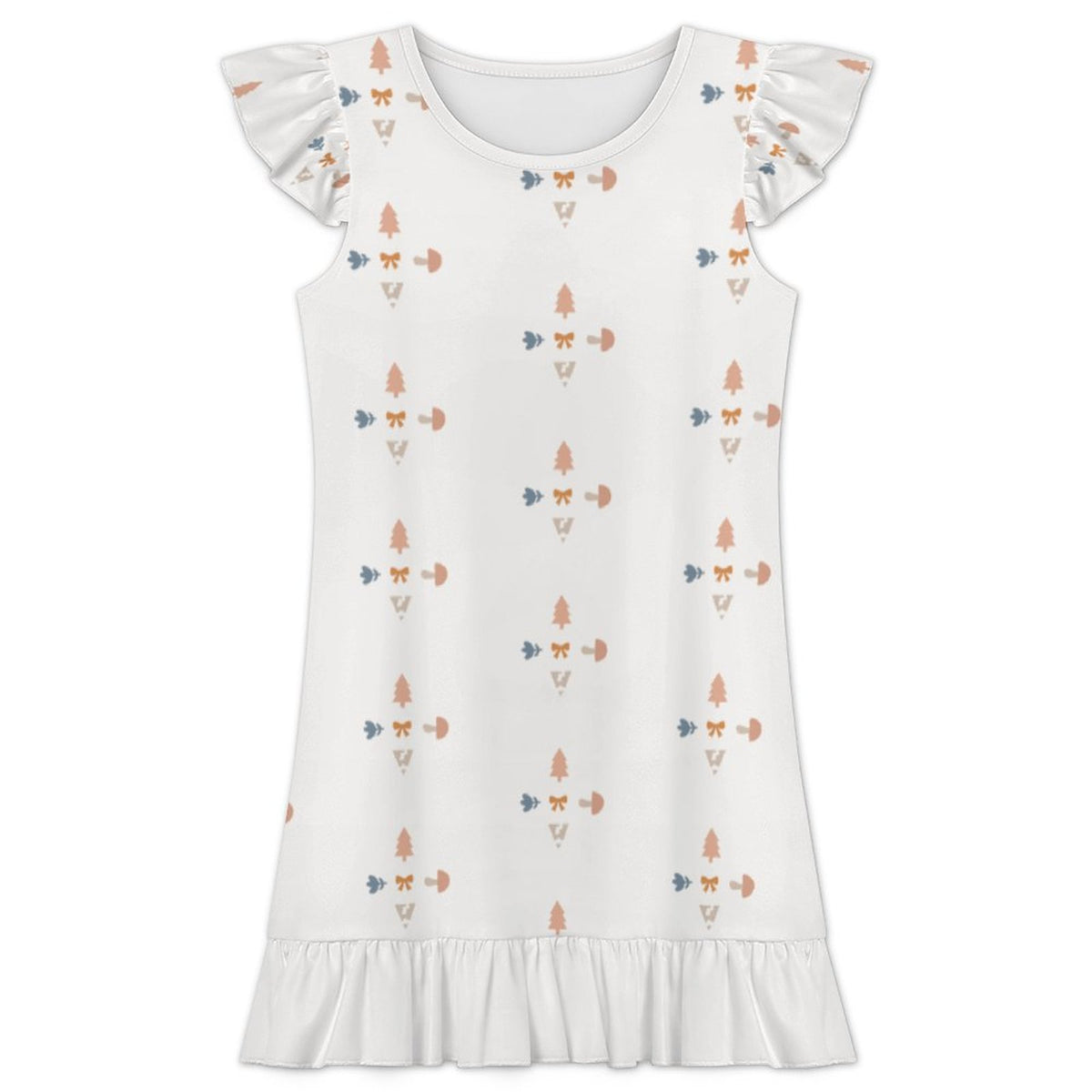 Girls' White Patterned Short Sleeve Sleepwear Dress