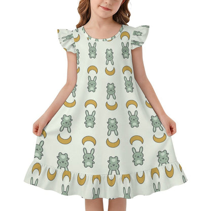 Girls Cute Bunny & Moon Print Ruffle Nightgown