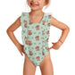 Girls Cute Fox Print Ruffle Shoulder One-Piece Swimsuit