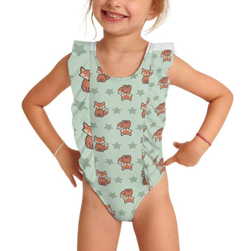 Girls Cute Fox Print Ruffle Shoulder One-Piece Swimsuit