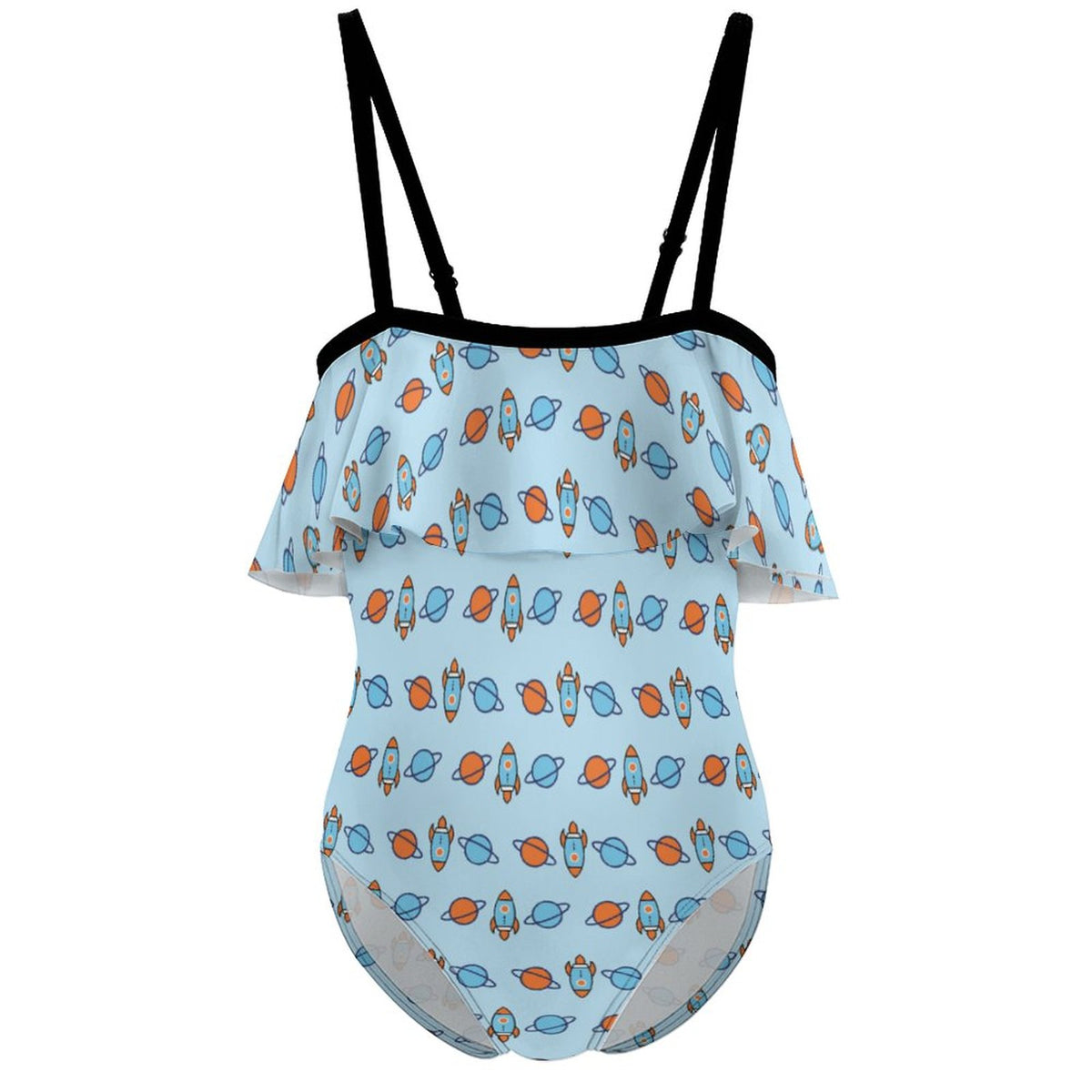 Outer Space Rocket Off-Shoulder Ruffle Girls Swimsuit