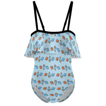 Outer Space Rocket Off-Shoulder Ruffle Girls Swimsuit
