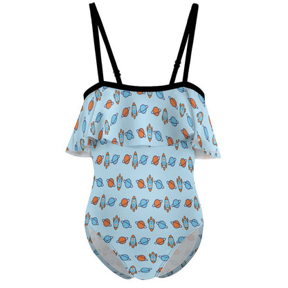 Outer Space Rocket Off-Shoulder Ruffle Girls Swimsuit