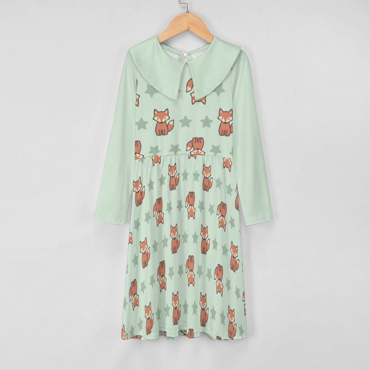 Cute Fox Print Peter Pan Collar Girls Long Sleeve Dress