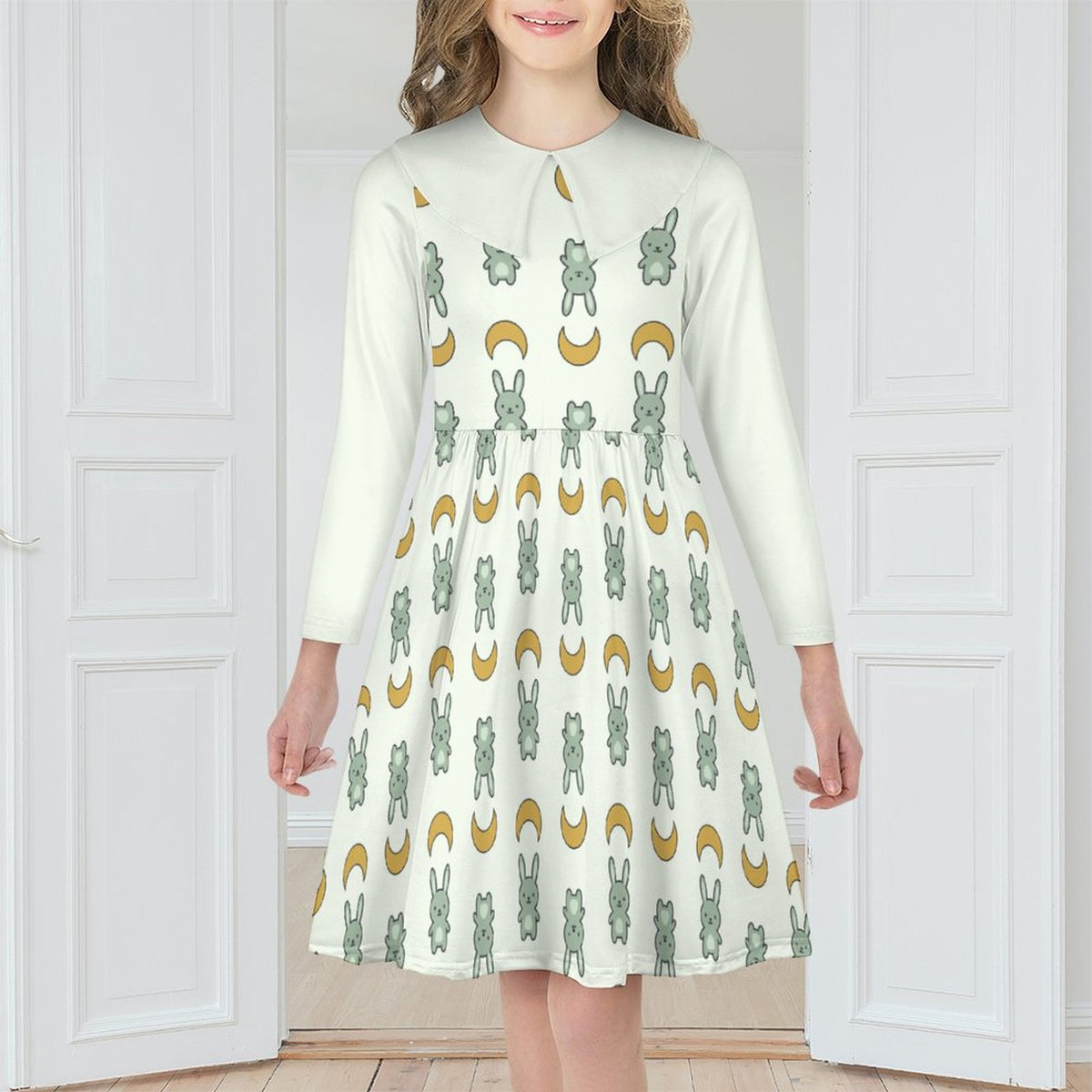 Cute Bunny & Moon Collar Long Sleeve Girls Dress | AOP