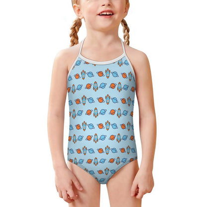 Outer Space Rocket Spaghetti Strap Girls Swimsuit