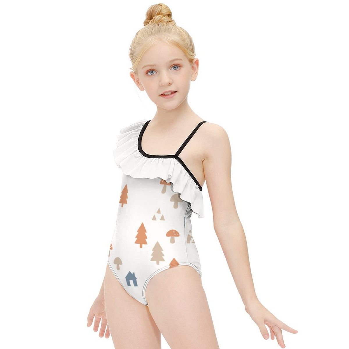 Girls' Woodland Print One-Shoulder Ruffle Swimsuit