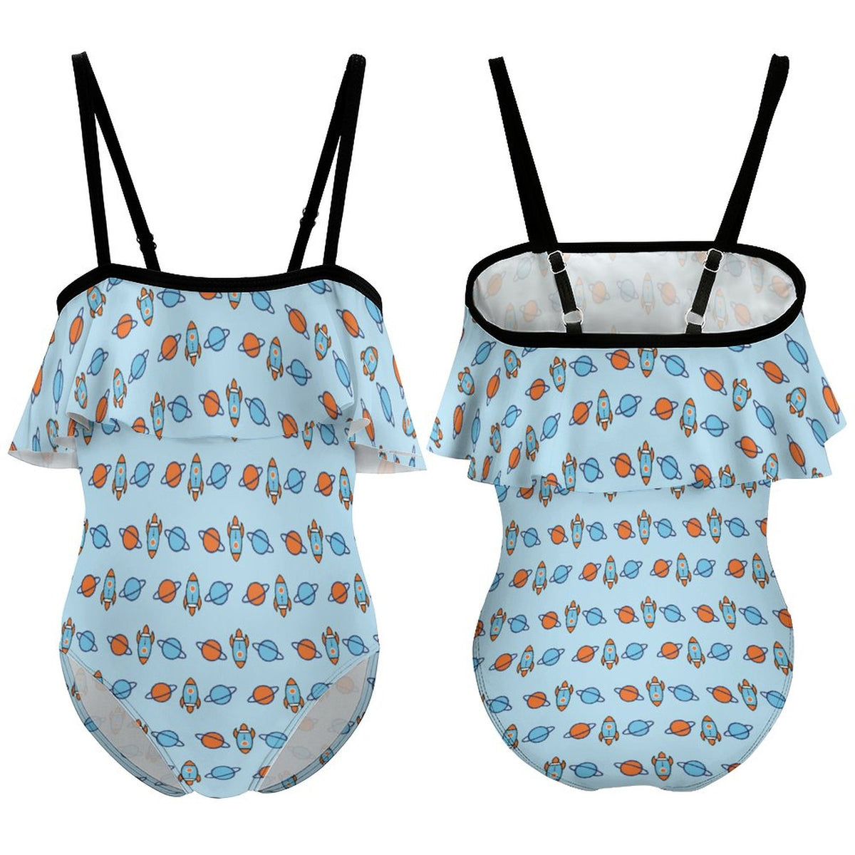 Outer Space Rocket Off-Shoulder Ruffle Girls Swimsuit